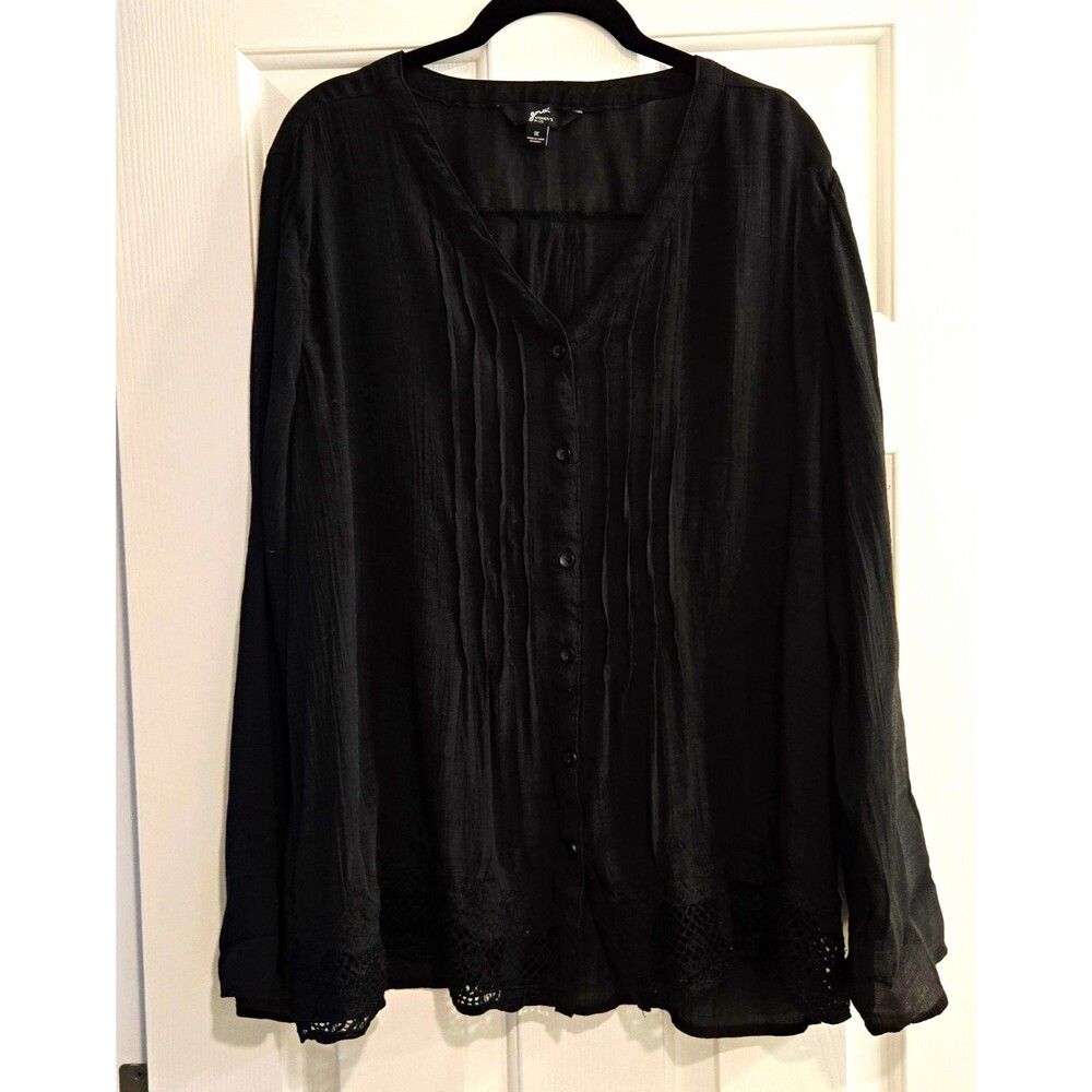 GNW Women's Plus 1X Black Blouse Pintuck Pleated Crochet Lace Trim Boho Tunic